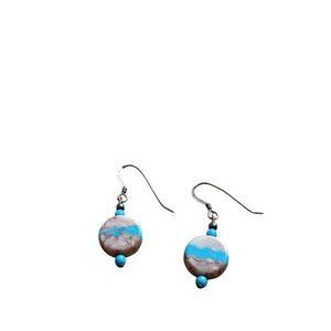 Glass Bead Dangle Earrings Cream Pink Blue Silvertone Hooks 0.75 inch